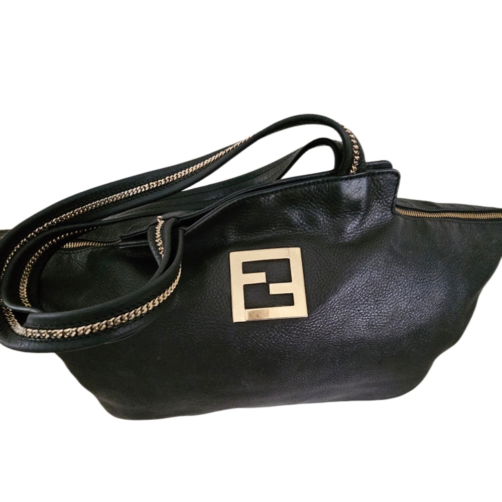 Authentic Extra Large Fendi Black Metallic Nubuck Leather Chain Shoulder Bag - Picture 3 of 16